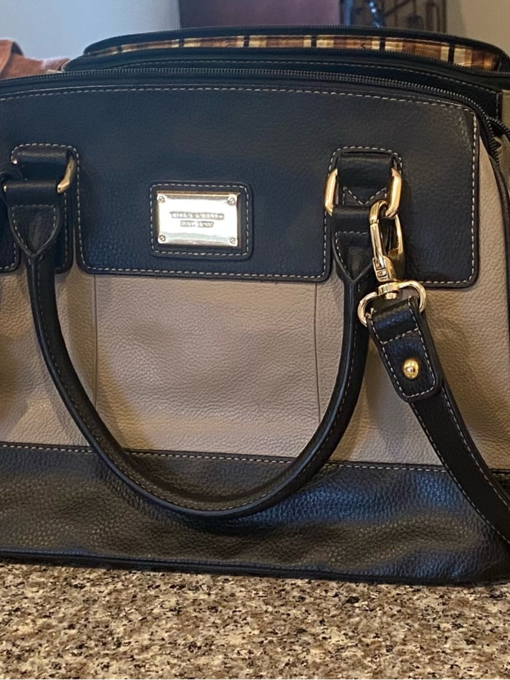 Two-Tone Black and Beige Structured Satchel with Gold Hardware
